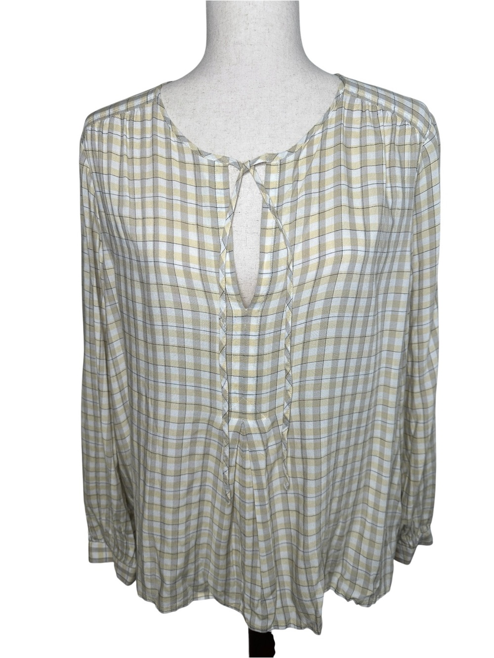 Lucky Brand Plaid Tie Neck Peasant Blouse Beige Ivory XL Boho
